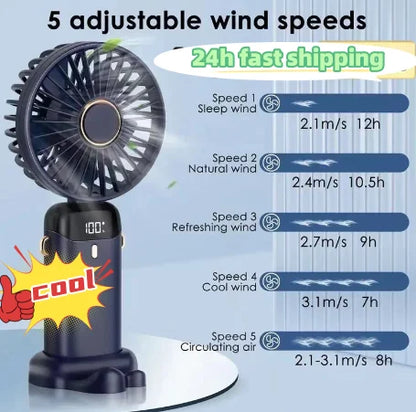 Portable Fan 5 Speed Usb Rechargeable With Phone Stand Display Screen Handheld Mini Fan Foldable Neck Hanging Electric Fans