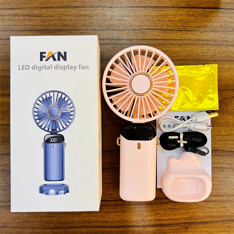 Portable Fan 5 Speed Usb Rechargeable With Phone Stand Display Screen Handheld Mini Fan Foldable Neck Hanging Electric Fans